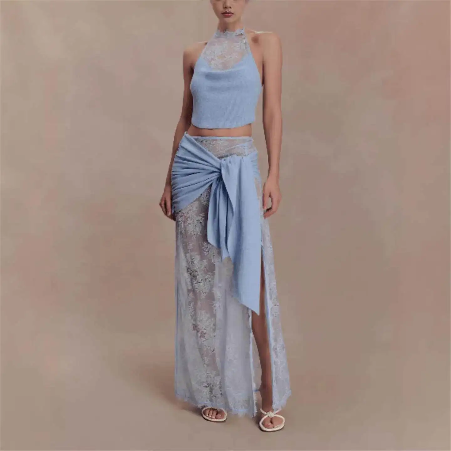 

Sexy Lace Splice Hanging Neck Strap Cross-Border Women's Fashionable Bodycon Skirt Casual Pants Mid-Low Waist PVC Fabric