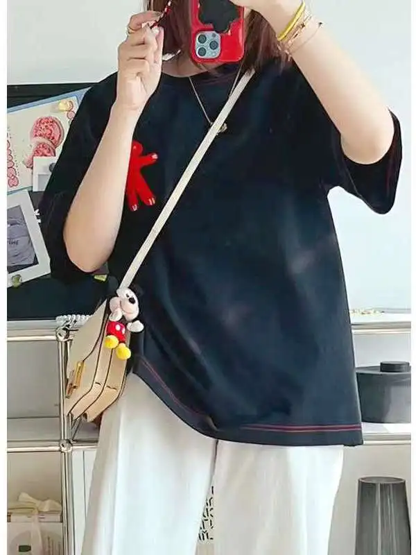 

Новая хлопковая свободная футболка с круглым вырезом и принтом кролика Мао для женщин, весна-лето, Cleanfit, А-силуэт, другие материалы, 00% хлопок