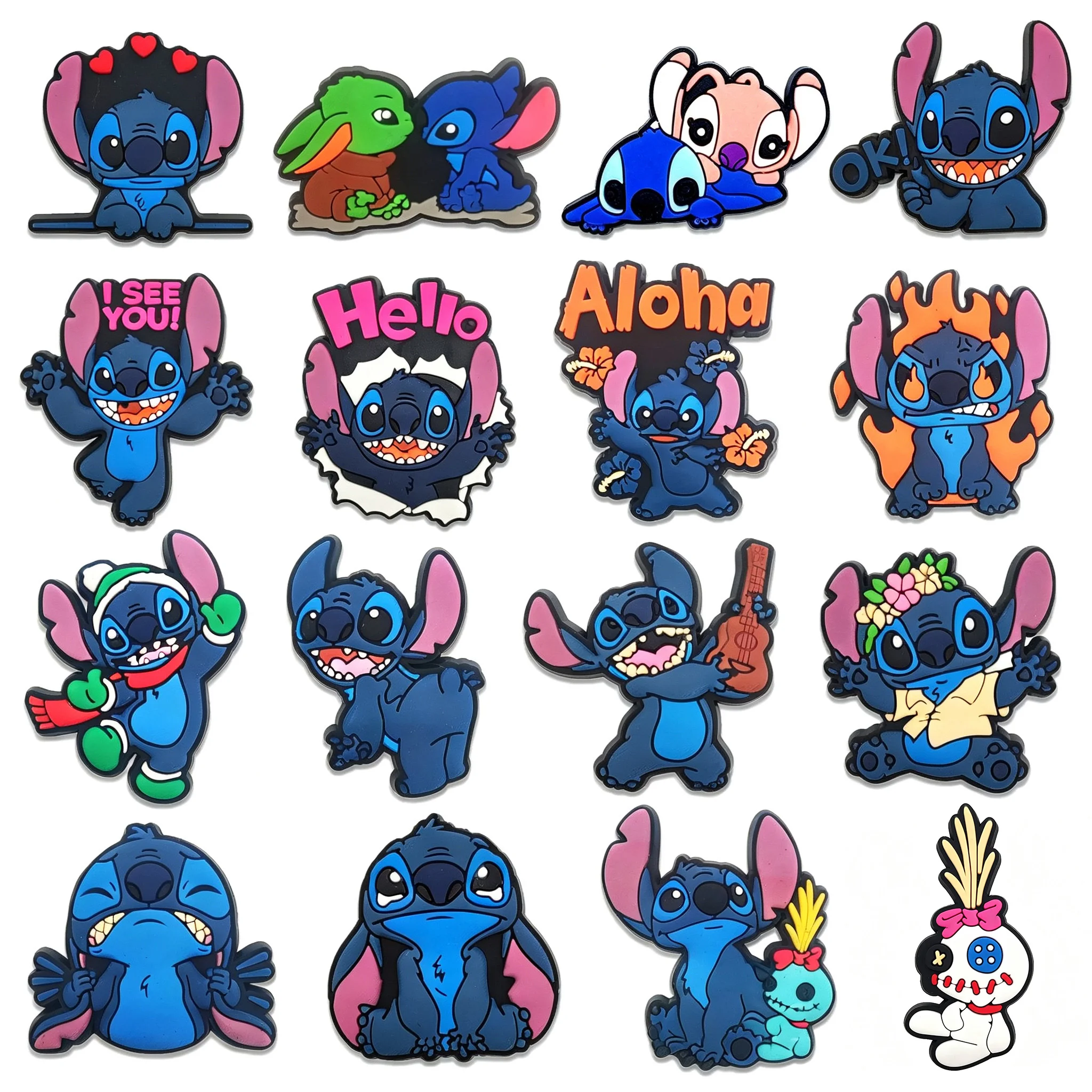 Mesuca 16Pcs Set New Cute Stitch Rubber Shoe Charms Soft PVC Clog Pins For Slides Sandals Decor Wholesale Custom DIY Accessories