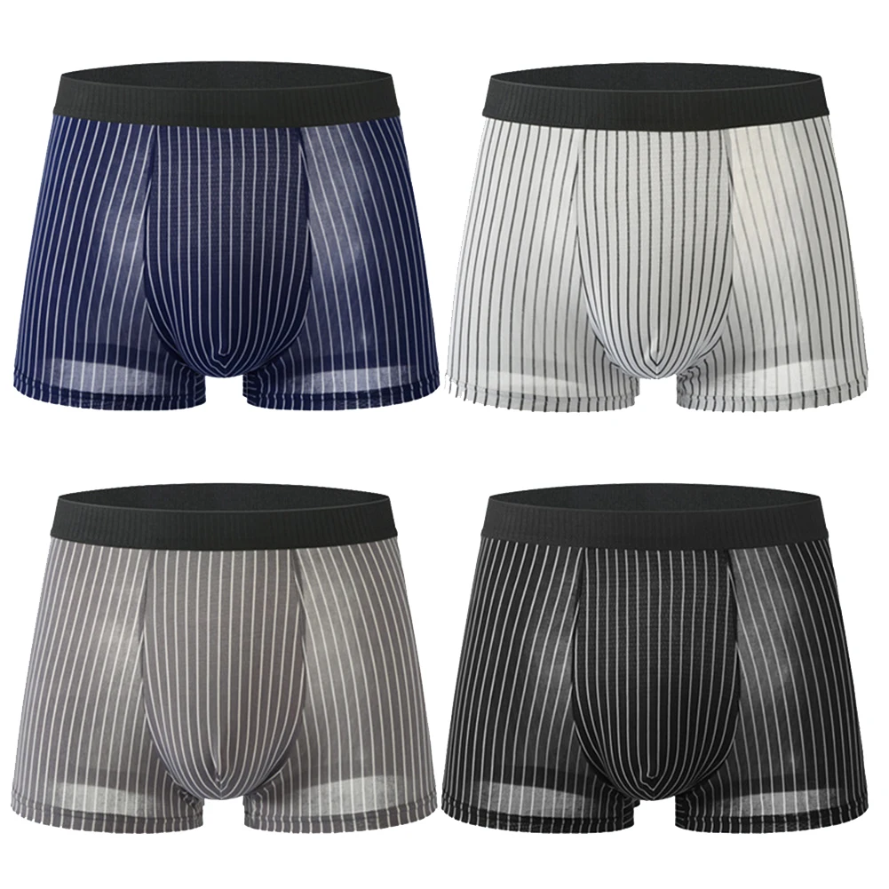 

Men Sexy Panties Stripes Ice Silk Lingerie Breathable Low Underwear For Hot Man Underpants Ultra-Thin Boxershorts Stretch Trunks
