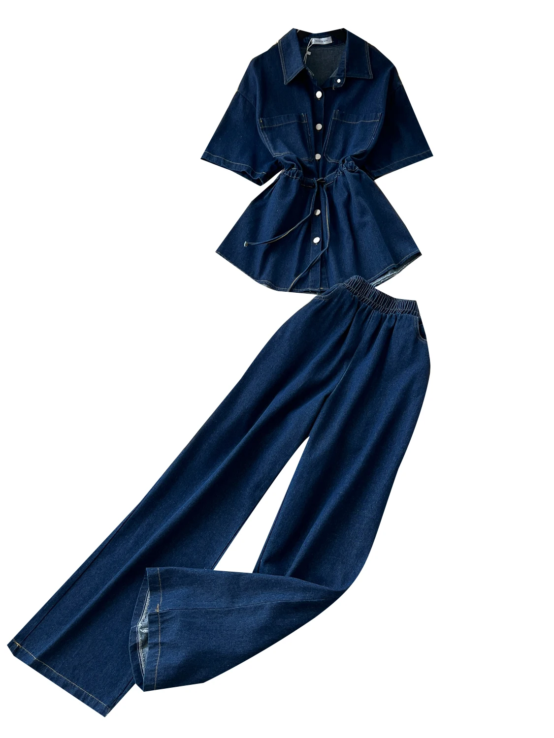 Retro Hot Girl Denim Set Women Summer Drawstring  Neck Shirt Elastic Waist Wide Leg Slimming Long Pants Fashion Set