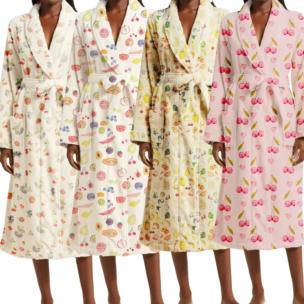Fruit Print Bathrobe  Autumn and Winter New Style Thick Long Tie-waist Bathrobe Long-sleeve Loungewear