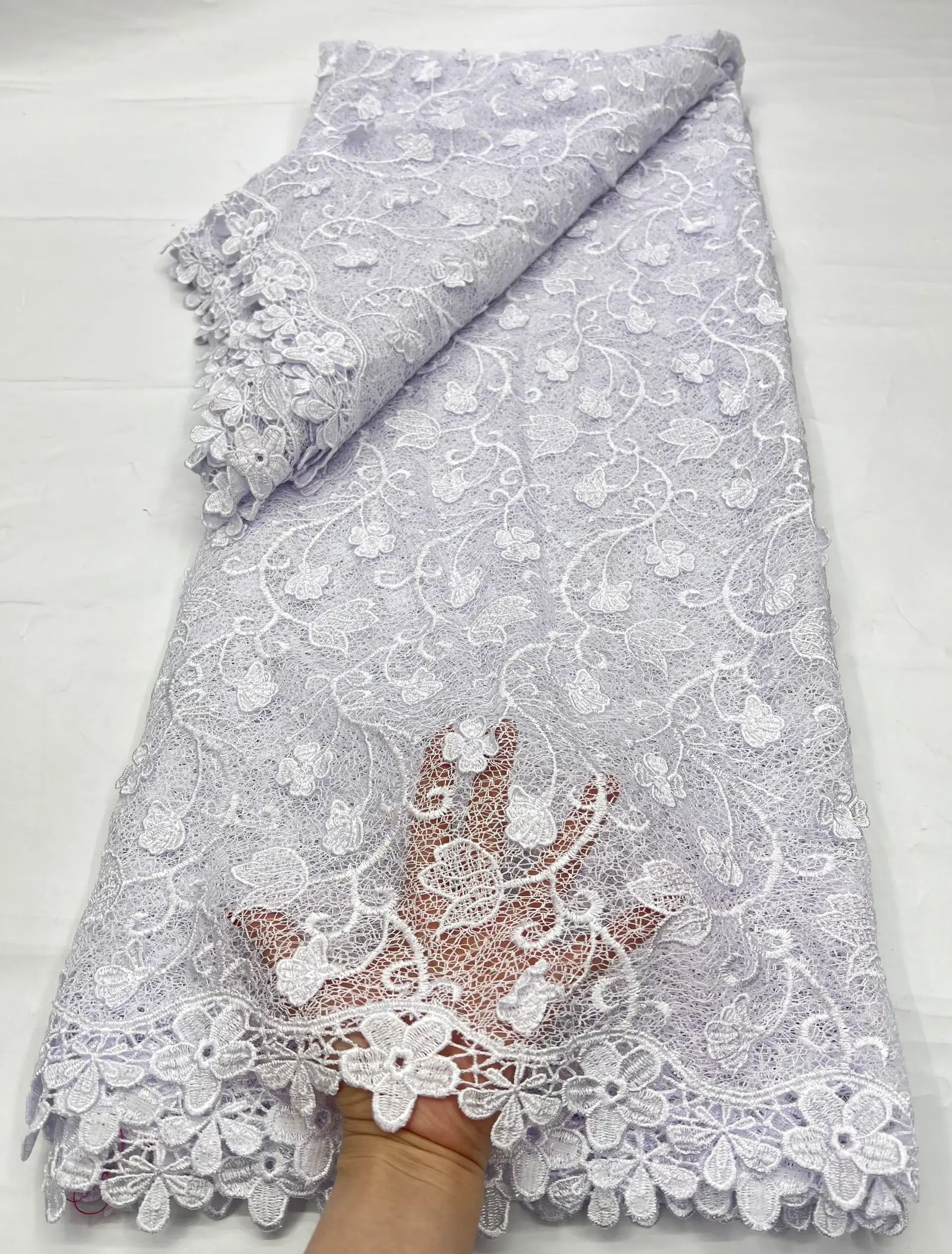 

2026 New Style White 3D Flowers African Cord Lace Fabric High Quality French Guipure Nigerian Fabric For Women Dress KHD26137