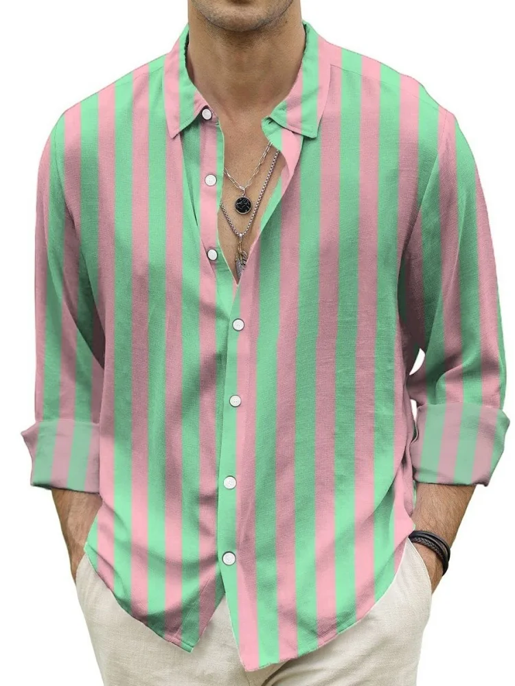 قمصان مطبوعة مخططة على الموضة كبيرة الحجم بأكمام طويلة صدر واحد بوهيمي لخريف 2025 بلوزة جديدة ملابس للعطلات للرجال #1