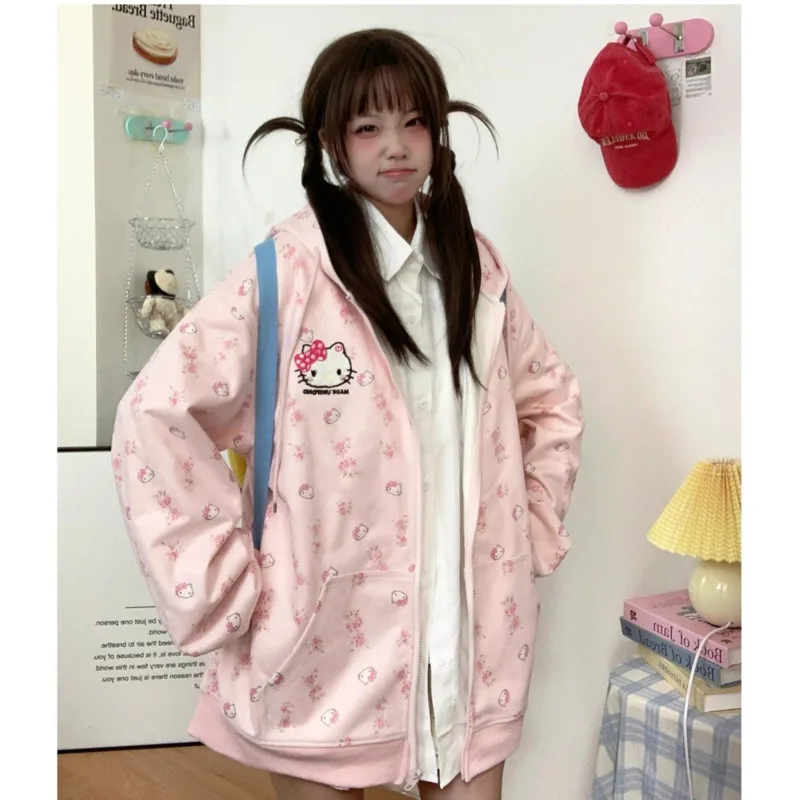 Hello Kitty Cartoon Zipper Hoodie Women\'s Autumn And Winter Casual Loose Large Jacket Cute Anime Cotton Versatile Girl Clothing