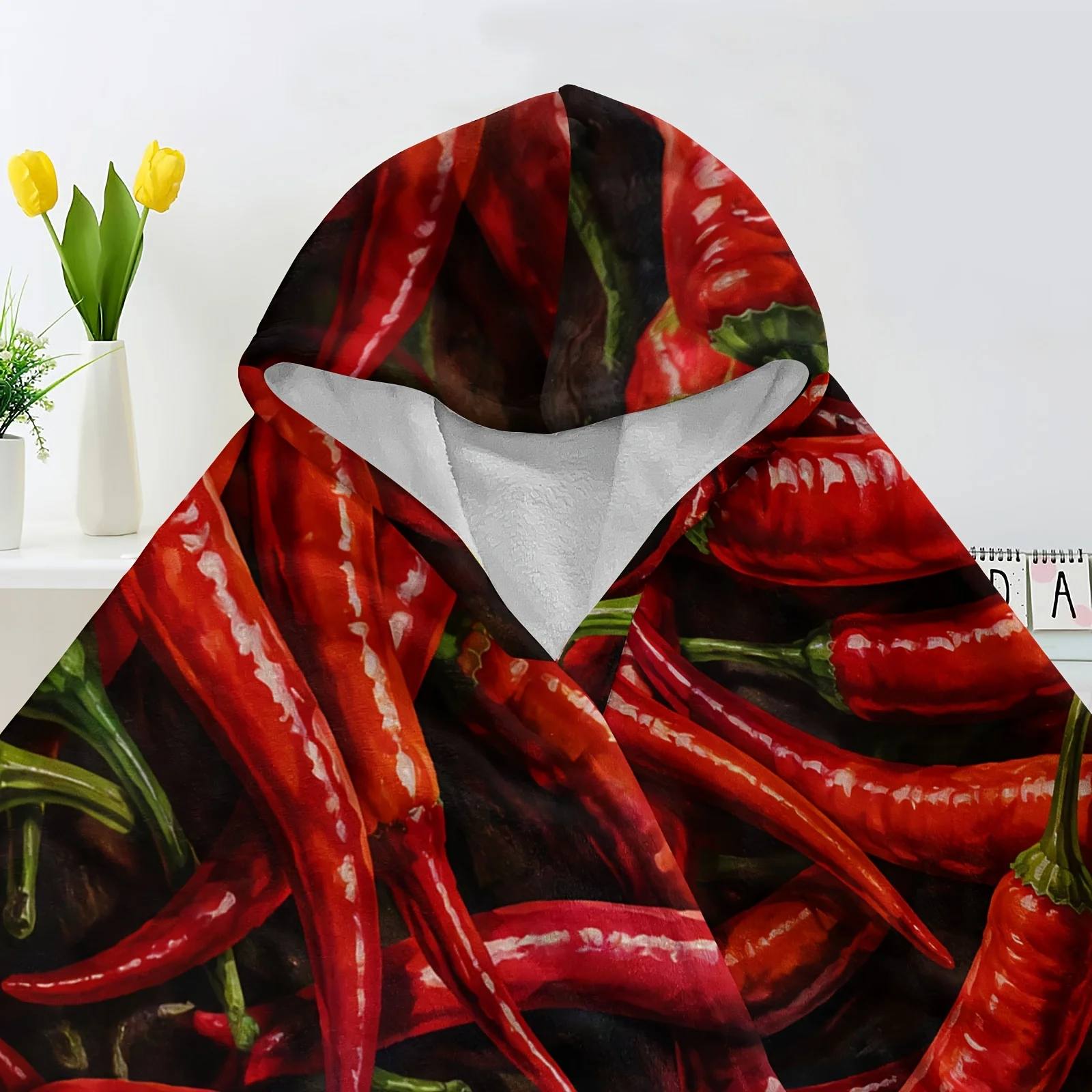 1pc Hooded Cloak Blanket Wearable Throw Unisex for Sofa Home Office Bed Camping Travel Holiday Gift with Red Chili Peppers
