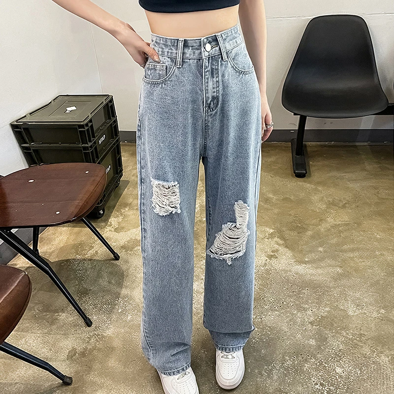 

New Arrival High-Waisted Straight-Leg Jeans for Women, Loose Wide-Legged Holes Pants for Spring/Summer