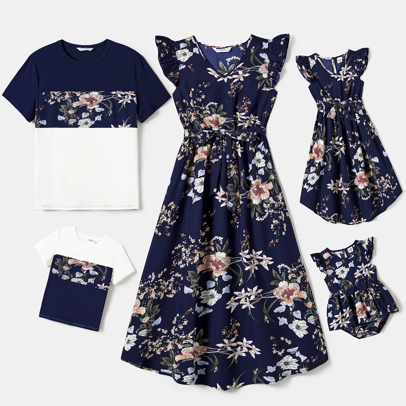 PatPat Family Matching Floral Flutter Sleeves Dark Blue Dresses and Colorblock Tops Sets