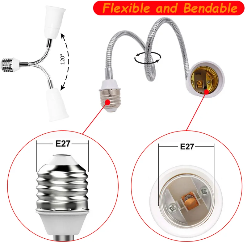 Adaptador extensor de enchufe de luz E27 a E27, extensor de enchufe de extensión ajustable flexible, convertidor de enchufe de bombilla, 38cm