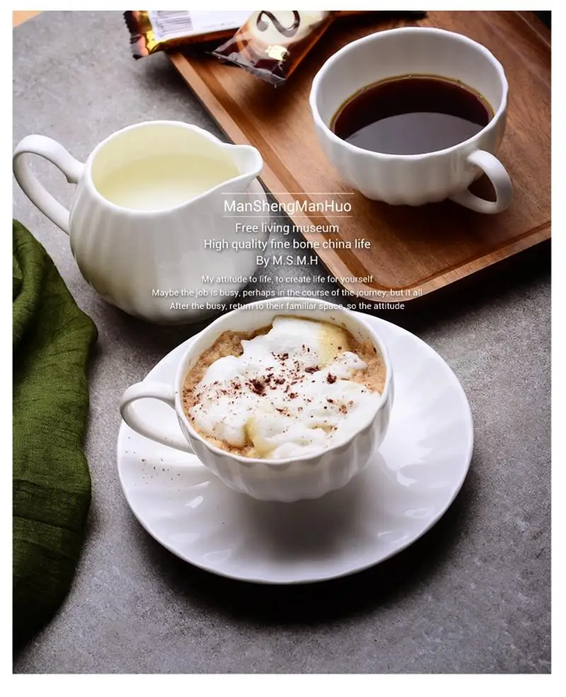 21pcs Set, Real Bone China Coffee Plain White Pumpkin Tea Cup and Teapot, with Cream Boat & Sugar Bowl, Taza Chip