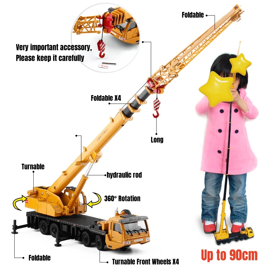 1/55 Wheeled Truck Ladder Crane Car Toy For Children 1:50 Diecast Miniature Vehicle Engineering Model Collection Gift For Boys