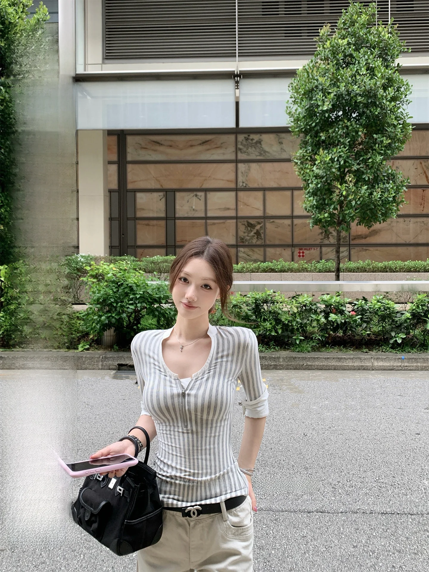 

Slim Fit Casual Stripe mid Sleeve T Shirt Women's High Intelligence Sensation Chestnut Cocoa Rosemary Thyme Leisure Top