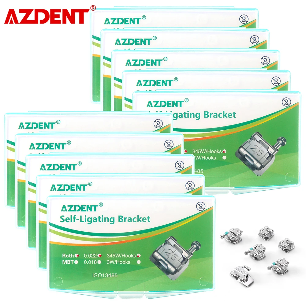 

10 Packs AZDENT Dental Braces Orthodontic Brackets Split Welding Passive Self Ligating Roth/MBT 0.022 Hooks 345 with Buccal Tube