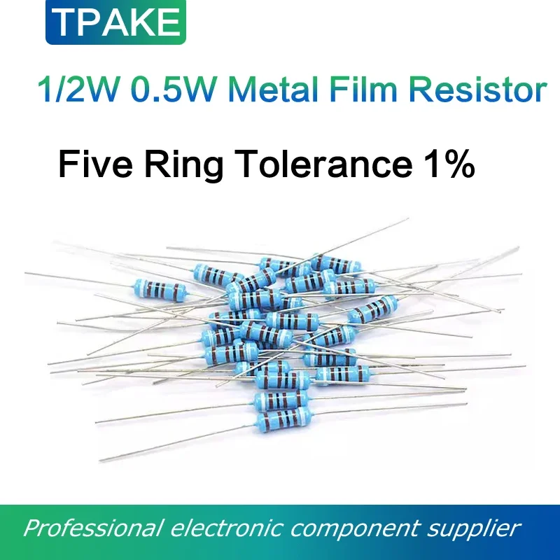 Resistencia de película metálica de 100 piezas, 1/2 vatios, 0,5 W, 1,2, 1,5, 1,8, 2, 2,2, 2,4, 3, 2,7, 3,3, 3,6, 3,9, 4,3, 4,7, 5,1, 5,6 K, M R E Ohm