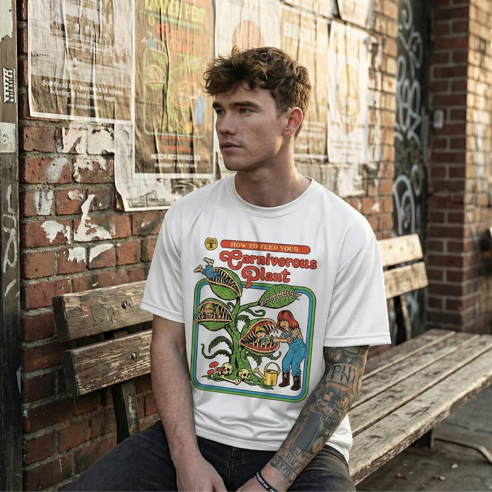 Fun Carnivorous Plant Feeding Guide Pattern T-shirt Men's Retro Style Short-Sleeve Tee Summer Street Casual Crew Neck Top