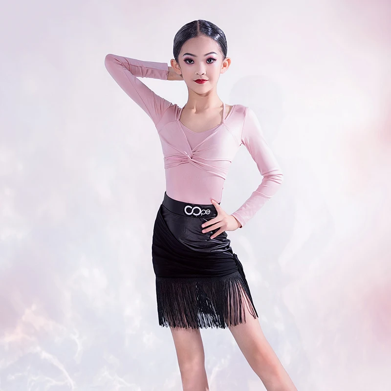 Professional ChaCha Dance Competition Costume Girls Pink Long Sleeve Tops Black Fringe Skirt Latin Dance Performance Wear YS5150