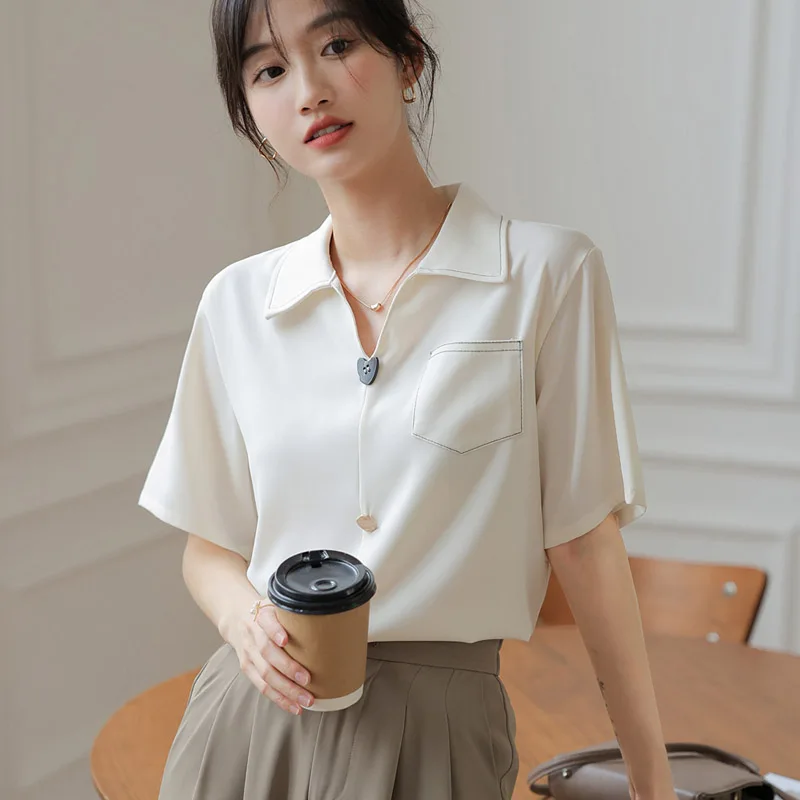 Casual V-neck Commuter Shirt Top Women's Summer Short Sleeve Office Lady Blouse