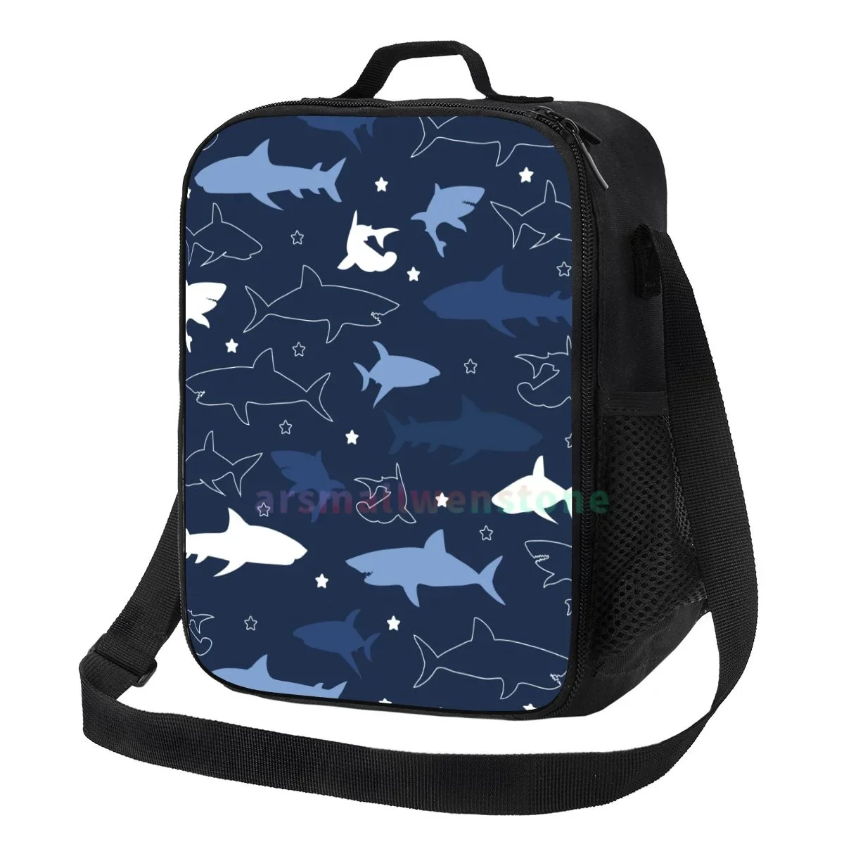 

Cartoon Sharks Pattern Lunch Bag Portable Thermal Insulated Lunch Box Picnic Multifunction Food Tote for Women