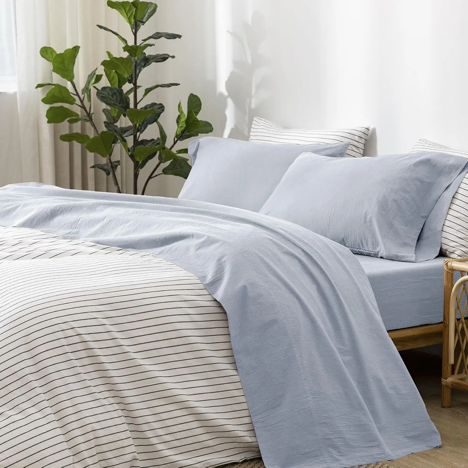 

Bedding Sheet Set 100% Washed Cotton Linen Like Textured Breathable Durable Soft Comfy (Cornflower Blue)