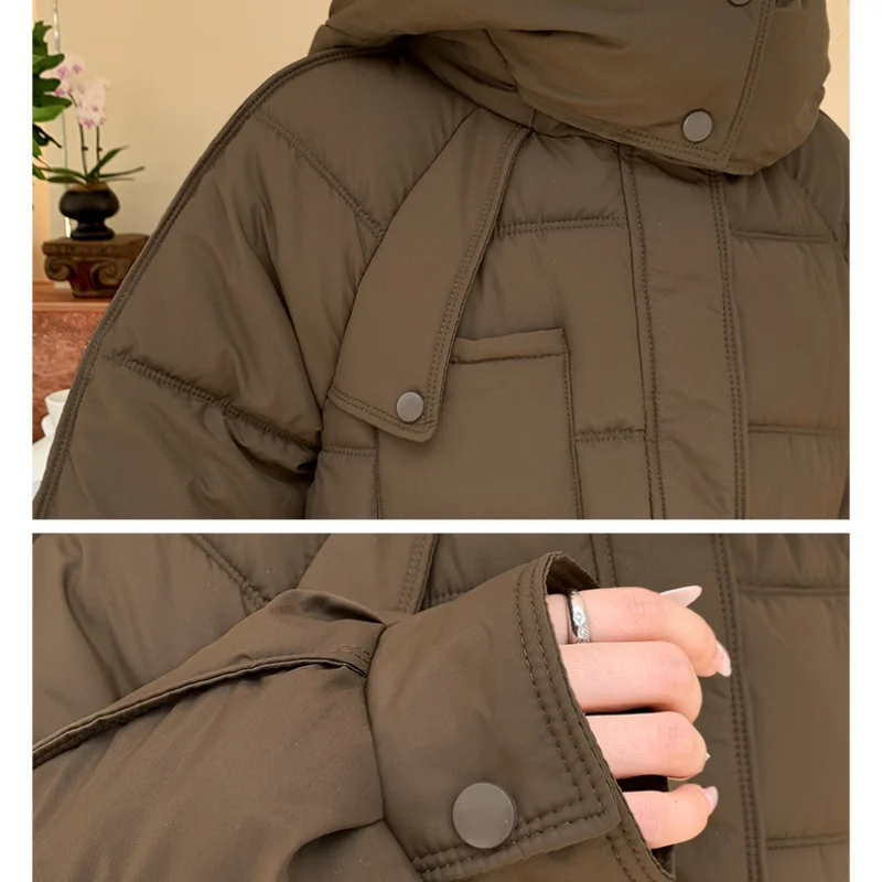 Jaqueta feminina justa plissada de inverno, Parkas com capuz, zíper, gola alta, algemas de botão, bolso grande, casaco coreano elegante, roupa branca curta