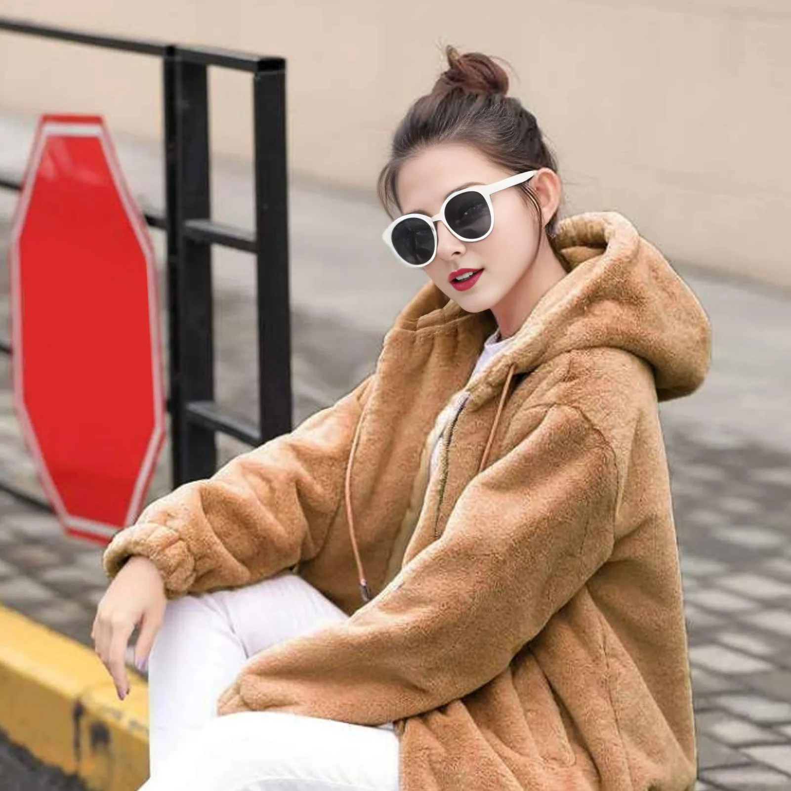 Winter Women Jacket Thick Plush Faux Rabbit Fur Mid Length Coat With Pockets Windproof Long Sleeves Zip-up Hooded Outerwear