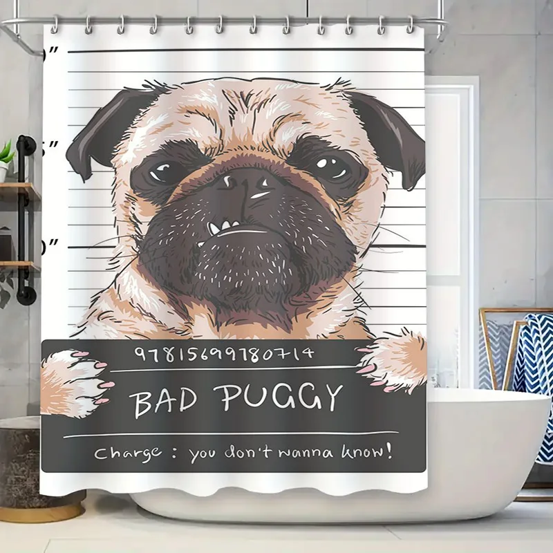 Adorable Dog Shower Curtain: Bathroom Decor featuring a cute pug with funny mugshot design perfect for pet lovers #bathroomdecor