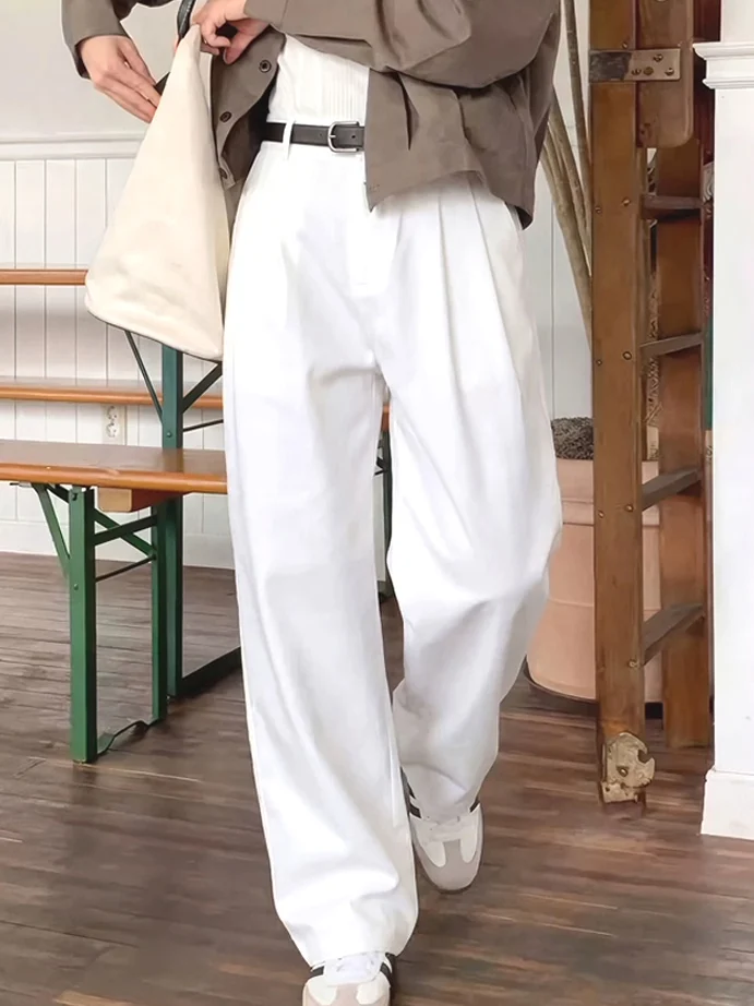 White Workwear Men's Pants No Ironing Seamless Loose Straight Leg Trousers Semi-Elastic Button Casual Suiting Pants Trendy
