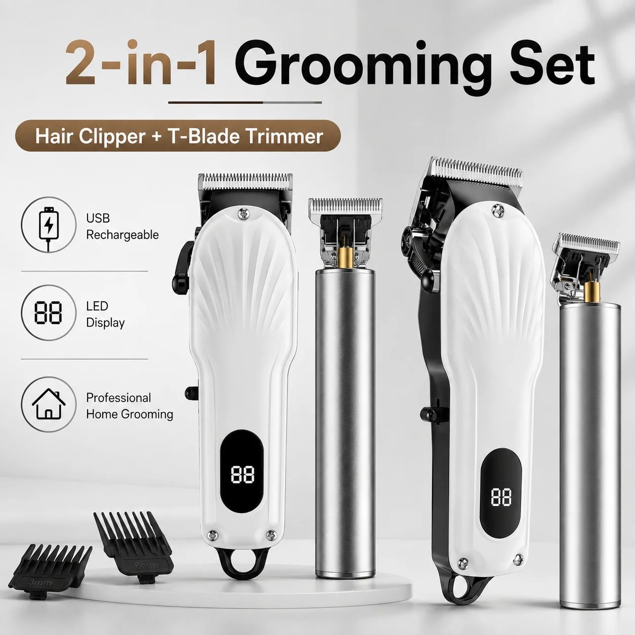 Professional Hair clipper Trimmer 2-in-1 Metal body Type-C Rechargeable LED Barber Kit T-Blade Precision Grooming Set for Men
