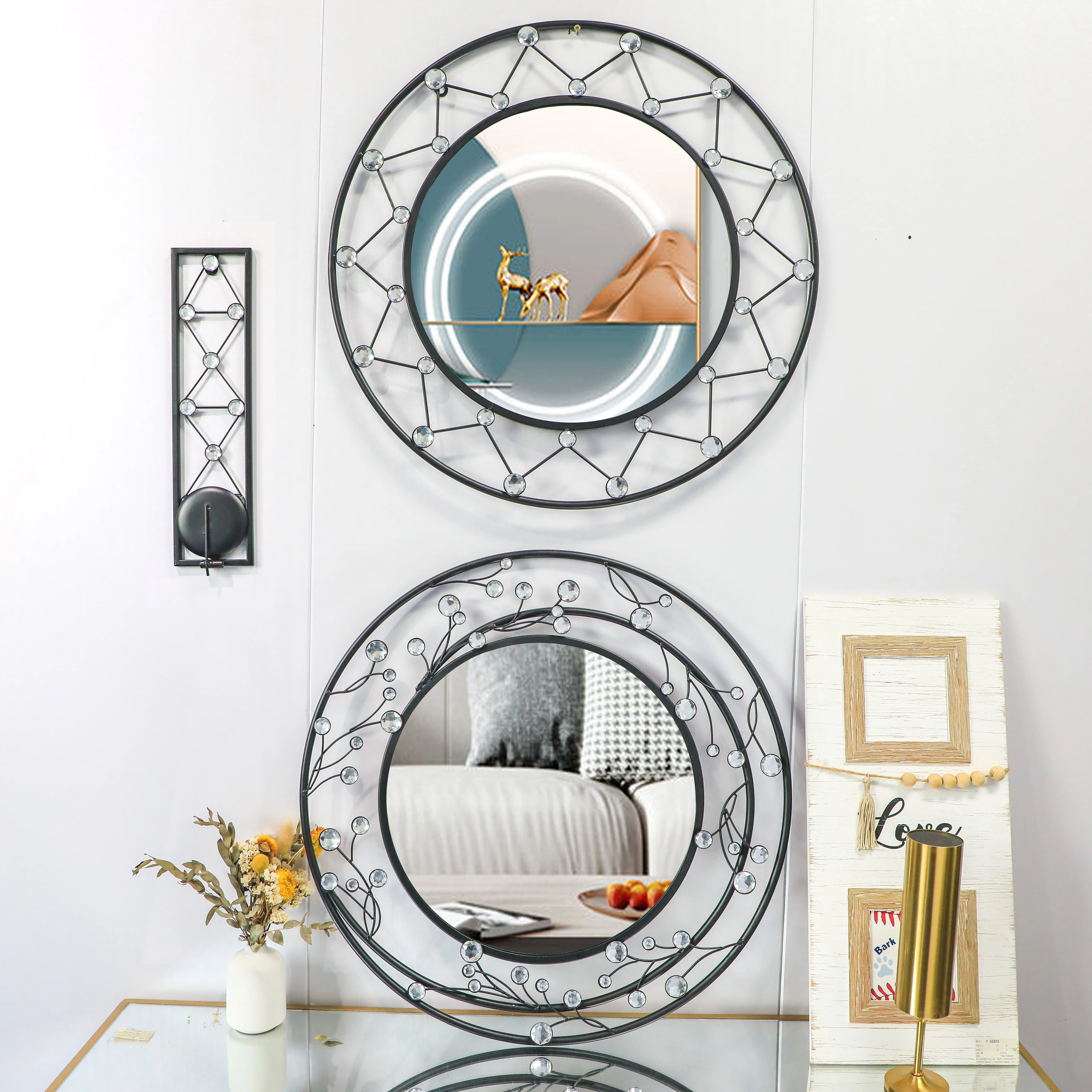 60cm Multipurpose furniture black round makeup wall mirrors creative decoration bathroom wall mirror with jewel