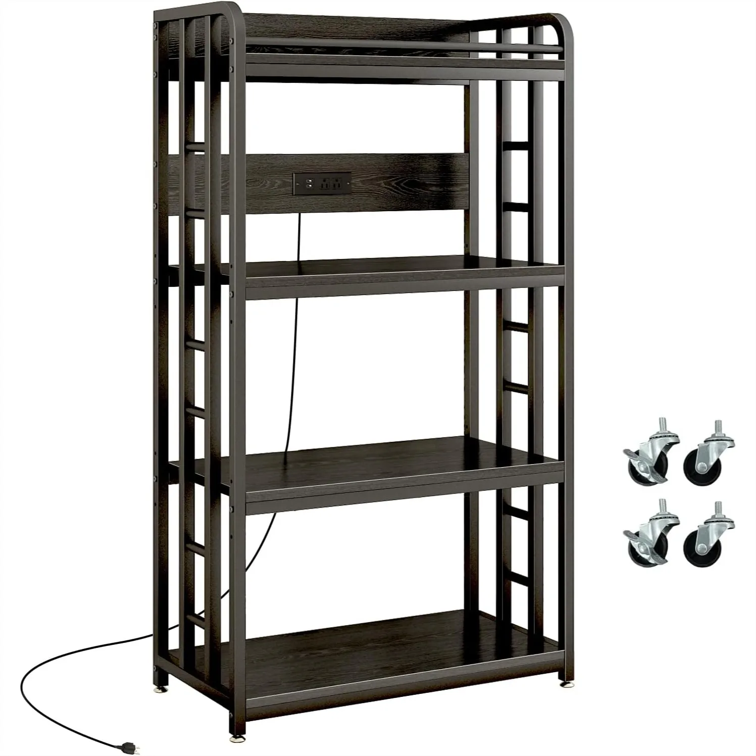 

Adjustable 4-Tier Heavy Duty Baker's Rack with Power Outlet, Microwave Cart Stand with Wheels, Free Standing Storage for