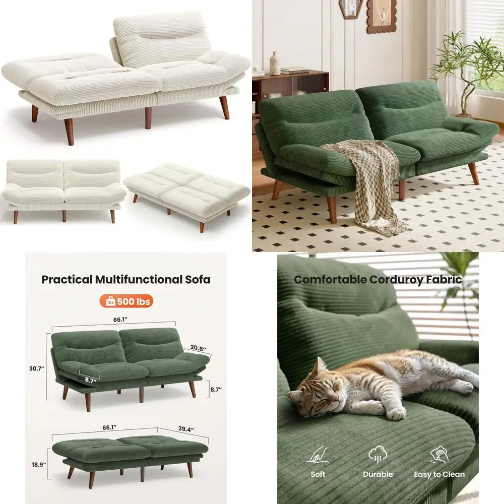 Convertible Futon Sofa Bed with Adjustable Backrest and Armrests, Folding Sleeper Loveseat for Home Furnishing