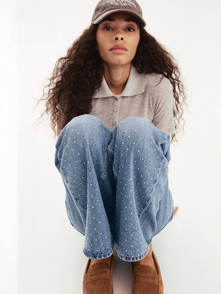 High Waist Wide Leg Denim Jeans Women's Winter Faion Decorated Nail Detail Cotton 00% H&M Brand 300894