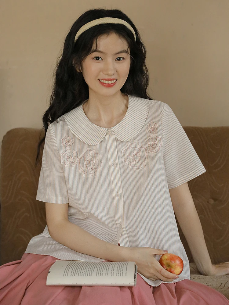 

Летняя художественная винтажная свободная хлопковая рубашка в полоску с воротником-куклой в стиле пэчворк от Nesoulum, женский модный топ премиум-класса