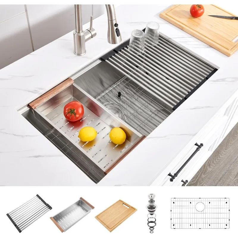 33x19 Undermount Kitchen Sink Workstation, 33 Inch Undermount Kitchen Sink Single Bowl, 16 Gauge 304 Stainless Steel Handmade