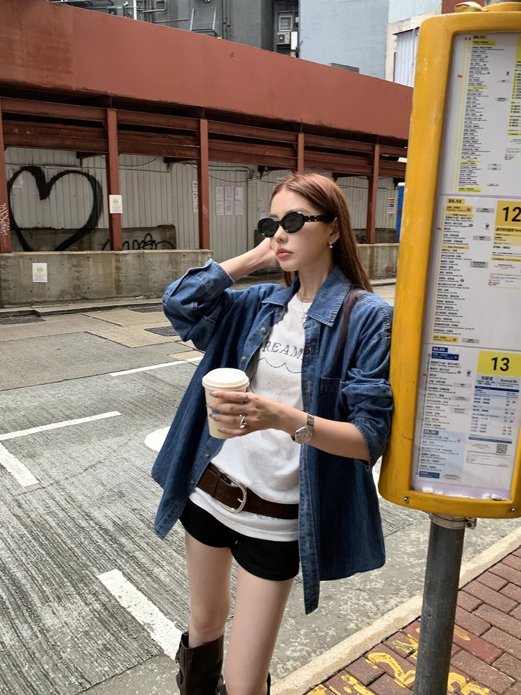 

Blue Vintage Denim irt Women's Loose Casual irt Jaet Top Pusumede Houston Street Breathable Cotton Long Sve