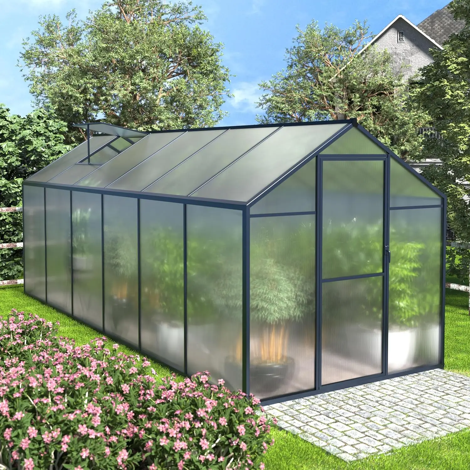 6X12 Ft Polycarbonate Aluminum Greenhouse Kit For Outdoor, Walk-In Green House With Lockable Door And Adjustable Roof Vent,