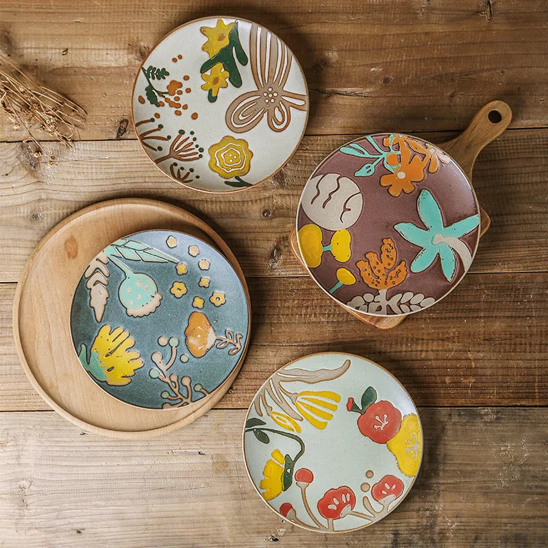 Hand Painted Rustic Ceramic Plate Creative Country Style Underglaze Color Round Dish for Home Kitchen