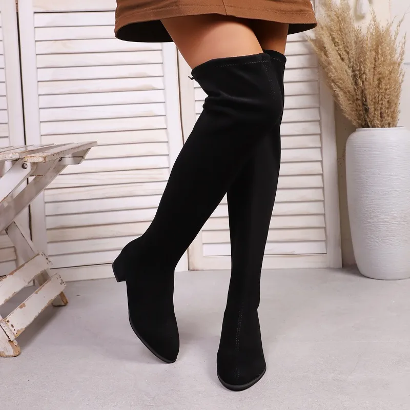 Sepatu Bot Wanita Musim Gugur Model Baru Seksi Runcing Desainer Setengah Paha Hak Kotak Tinggi Modis 2025 untuk Acara Luar Ruangan dan Pesta