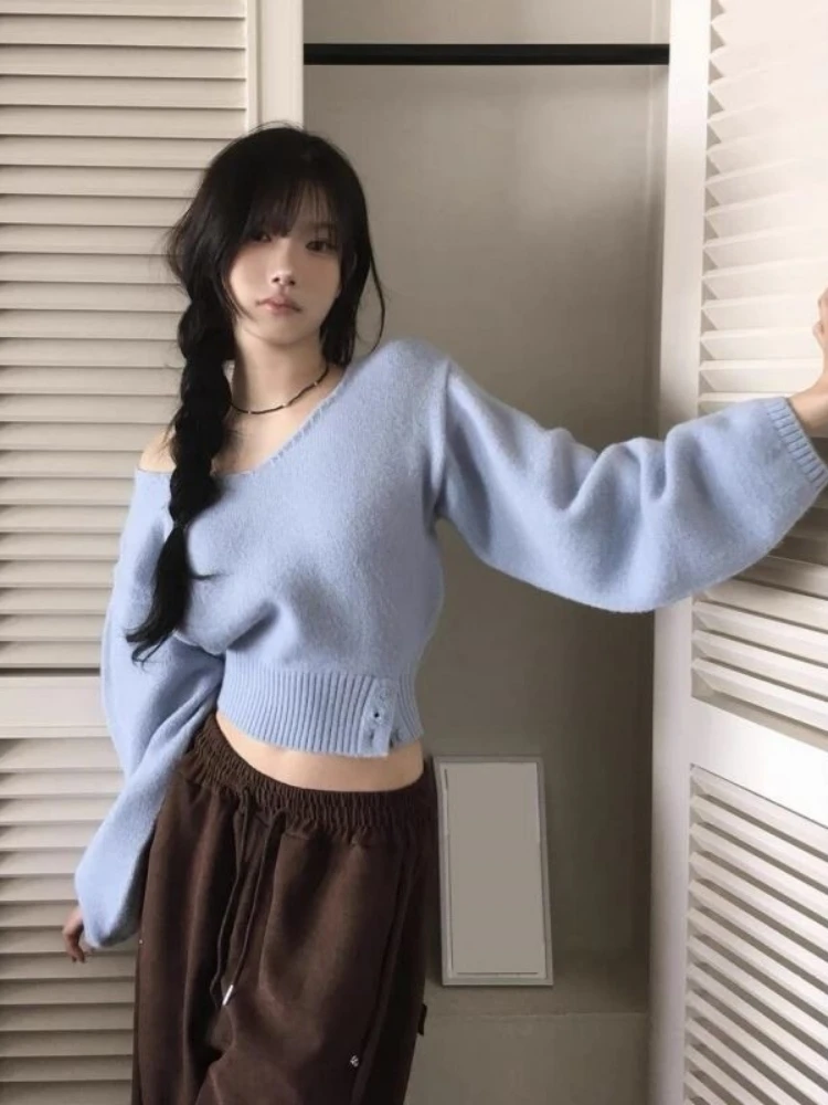 

Y2k Aesthetic Irregular Skew Collar Sweaters Sexy Solid Grunge Harajuku Cropped Tops 2025 Autumn Fairy Loose Button Jumpers