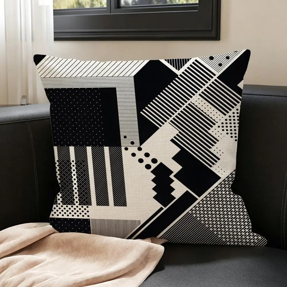 Artwork Black and White Geometric Cushion Cover Natural Linen Pillowcase Set, All-in-One Decor for Sofa, Bedroom & Chair