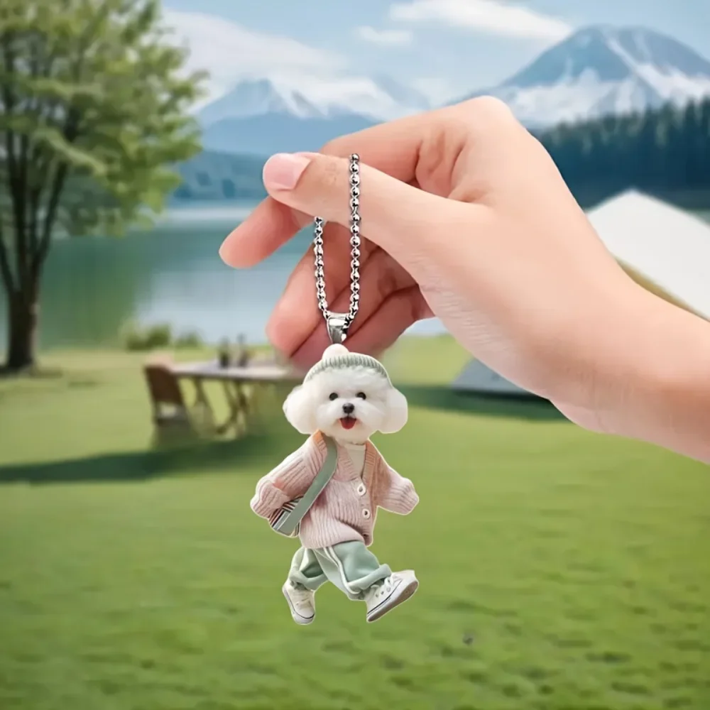2D Bichon Frise Pendant Funky Acrylic Hanging Ornament Cartoon Walking Dog Festive Gifts Fitness Bag Accessories Playful Design