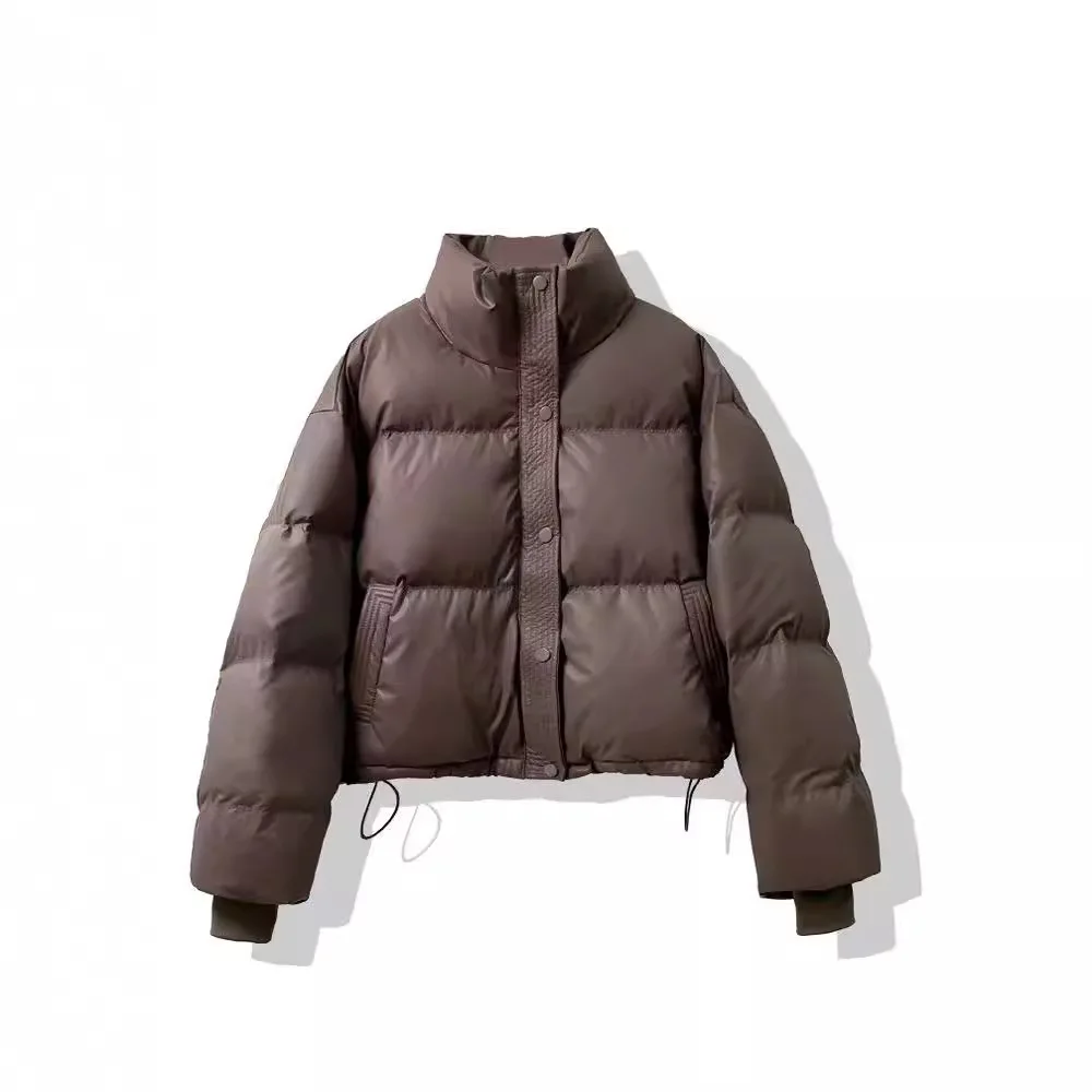 Parkas de cuello alto con cremallera y puños roscados para mujer, chaqueta impermeable, abrigos holgados de cuero PU, cintura elástica, ropa Y2K, Invierno