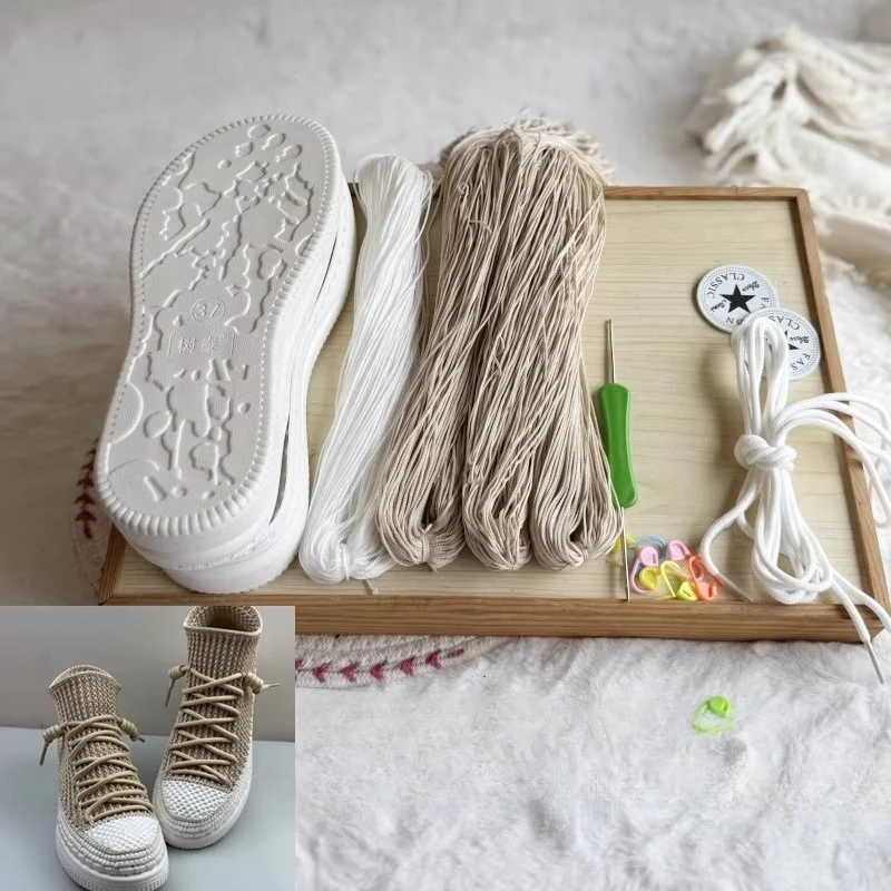 Hand-woven Summer Hook Soles Anti-kick Rubber Soles+Hollow Line Hand-knitted Slippers Short Boots DIY Shoes Crocheted Material