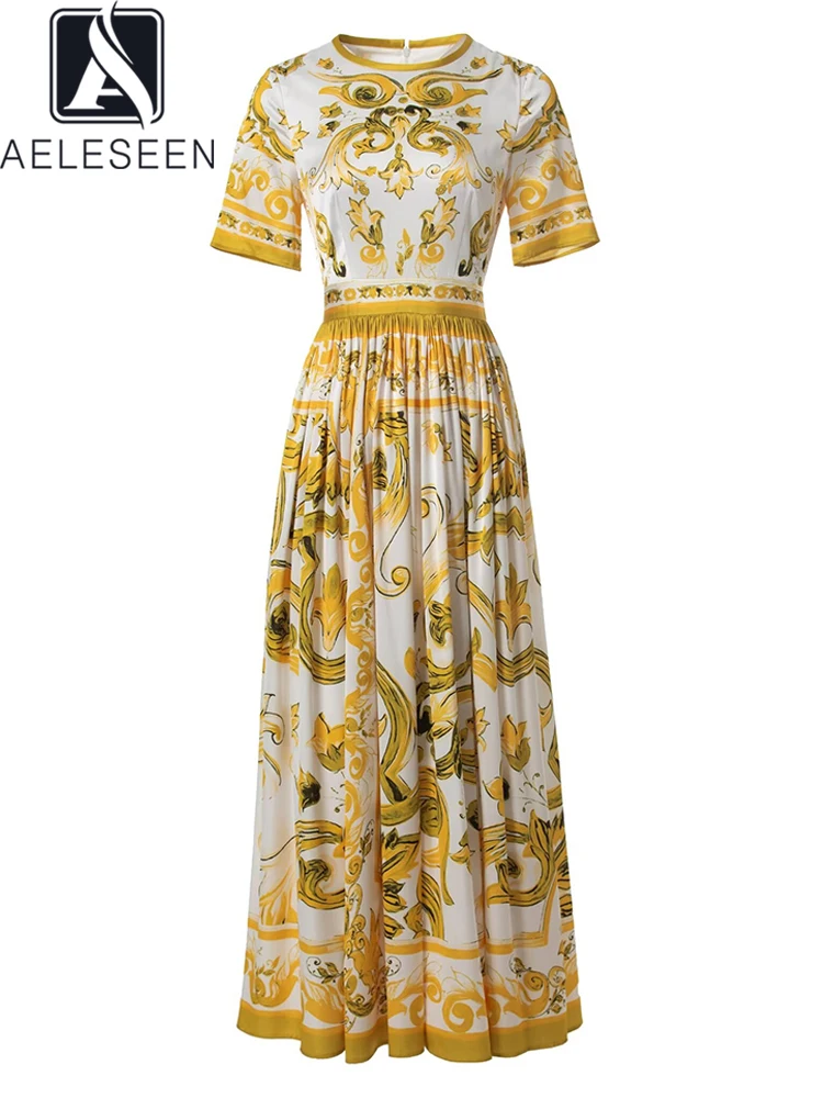 

AELESEEN Sicilian Summer Long Dress Women Short Sleeve Yellow Porcelian Print Elegant High Waist Party Holiday Sicilian