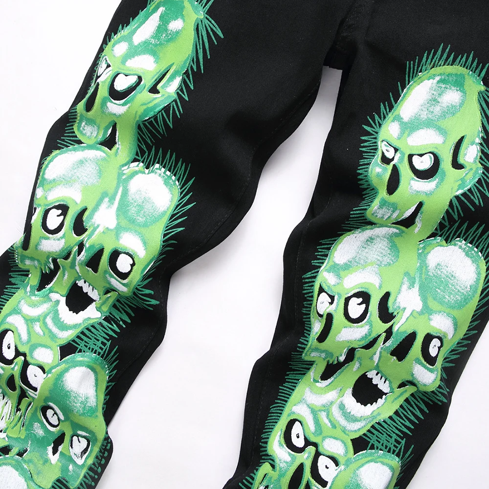 Men's Skull Print Jeans Gothic Black Stretch Spandex Denim Pants Punk Hip Hop Slim Straight Trousers view 3