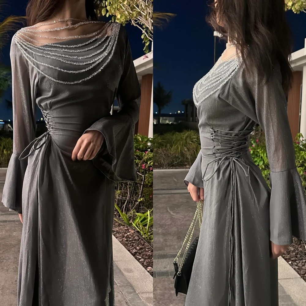 Customized Jersey Beading Criss-Cross Engagement A-line Off-the-shoulder Bespoke Occasion Gown Midi Dresses