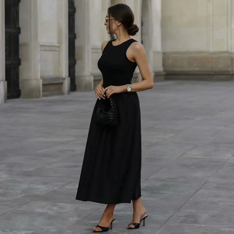 MUJER Black Pleated Long Dresses for Women Knitted Sleeveless Maxi Dress Woman Vintage Party Womens Dresses Spring Casual Dress image 2