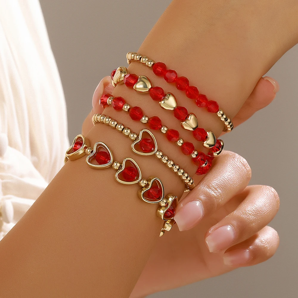 

Bohemian Crystal Heart Bracelets for Women Multilayered Stackable Bead Bracelet Pendant Charm Stretch Bangles