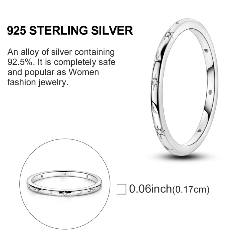 2026 Neuer 925 Sterling Silber Stern-Mond Dünner Ring Minimalistischer Ring Funkelnder Zirkon-Ring für Frauen Mädchen Geburtstag Schmuck Geschenke – Detail 5