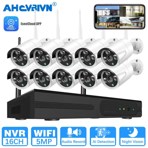 5MP WiFi IP 카메라가 장착된 16CH 무선 NVR 키트 홈 보안 시스템 세트 모션 감지 오디오 Recor 감시 24/7 녹음